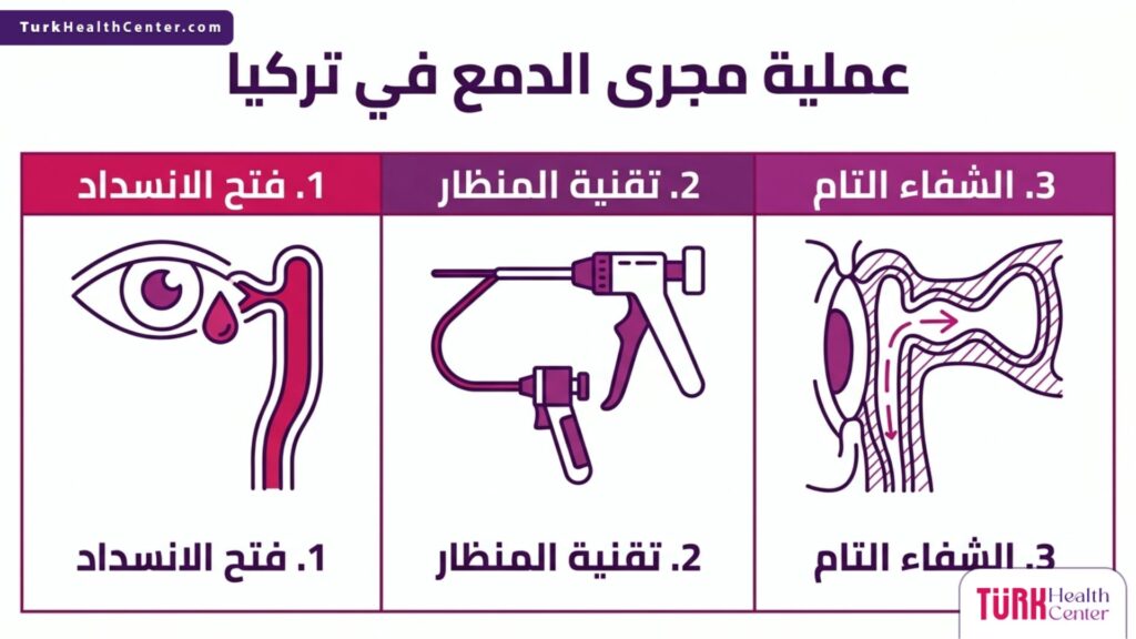 إنفوجرافيك يوضح بخطوات واضحة فوائد وآلية عملية مجرى الدمع في تركيا بتقنية المنظار.