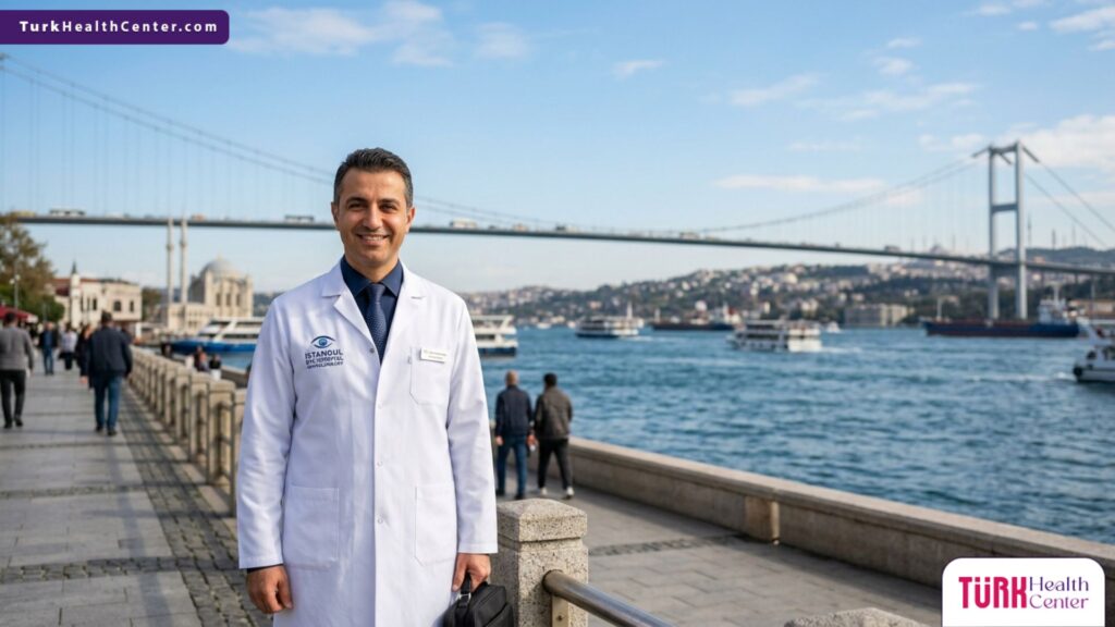 طبيب جراحة عيون خبير متخصص في عملية مجرى الدمع في تركيا يقف بثقة أمام جسر البوسفور في اسطنبول.