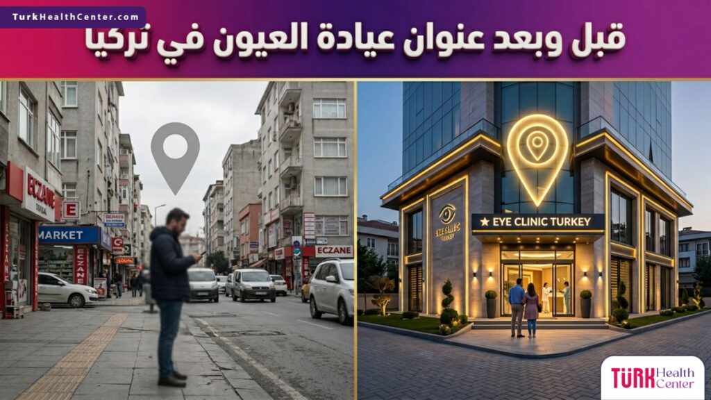 مقارنة بصرية توضح سهولة الوصول إلى عنوان عيادة العيون في تركيا قبل وبعد التوجيه الصحيح