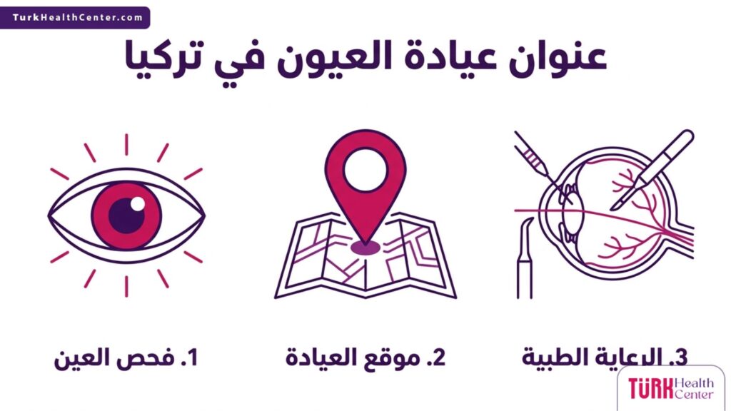 مخطط إنفوجرافيك يوضح خطوات الوصول والخدمات المرتبطة بمصطلح عنوان عيادة العيون في تركيا