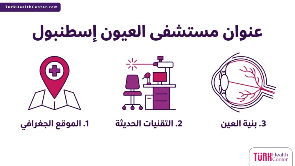 إنفوجرافيك يشرح الموقع الجغرافي والتقنيات في عنوان مستشفى العيون إسطنبول