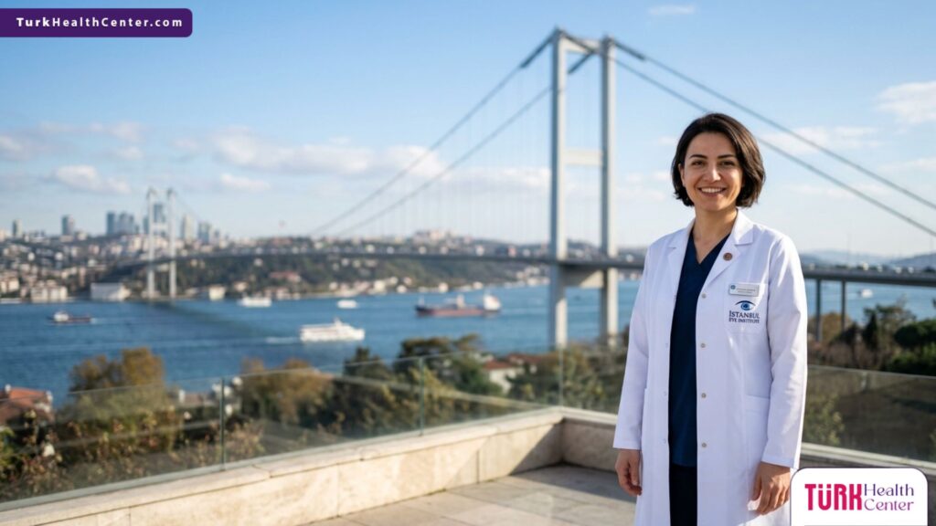 طبيب عيون خبير يقف أمام جسر البوسفور للدلالة على عنوان مستشفى العيون إسطنبول ومكانتها في السياحة العلاجية