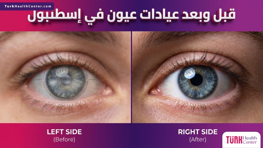 صورة مقسمة تظهر الفرق قبل وبعد تلقي العلاج وتصحيح النظر في عيادات عيون في إسطنبول.
