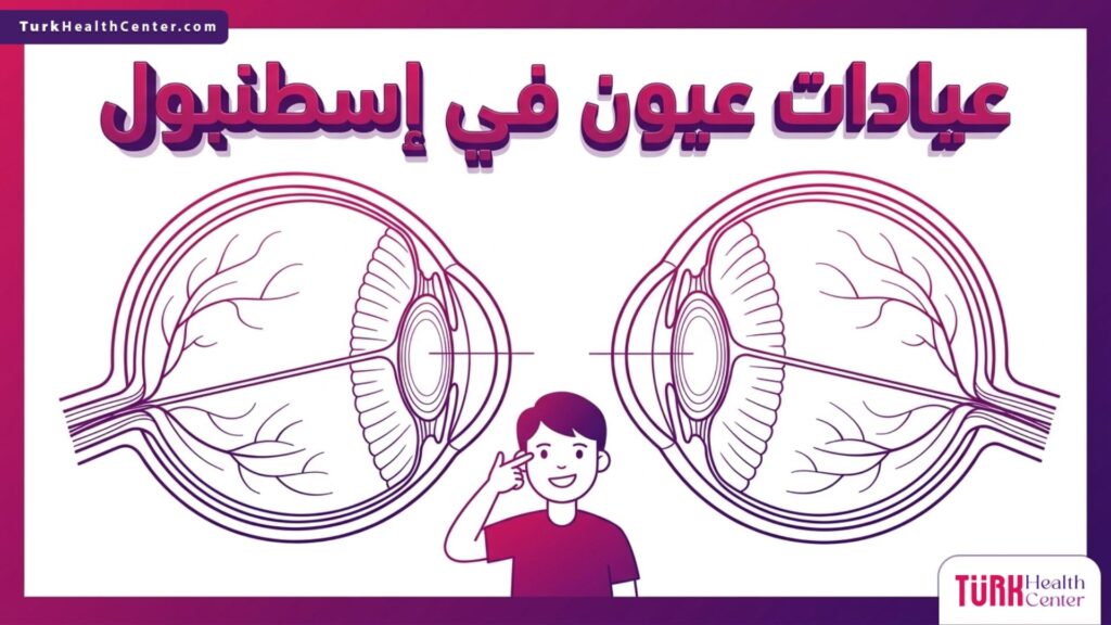 تصميم إنفوجرافيك تشريحي يوضح مكونات العين الداخلية والتقنيات المستخدمة في عيادات عيون في إسطنبول.