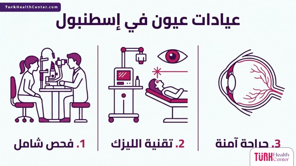 إنفوجرافيك تعليمي يبرز ثلاثة مميزات رئيسية عند العلاج في عيادات عيون في إسطنبول.