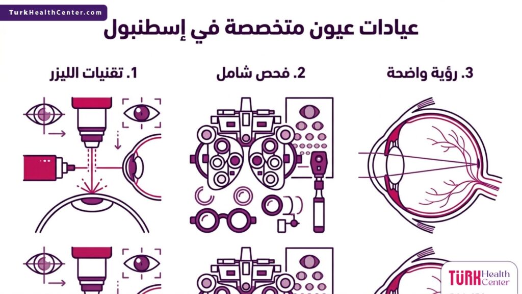 مخطط توضيحي لخطوات العلاج والفحص في عيادات عيون متخصصة في إسطنبول لضمان أفضل النتائج للمرضى.