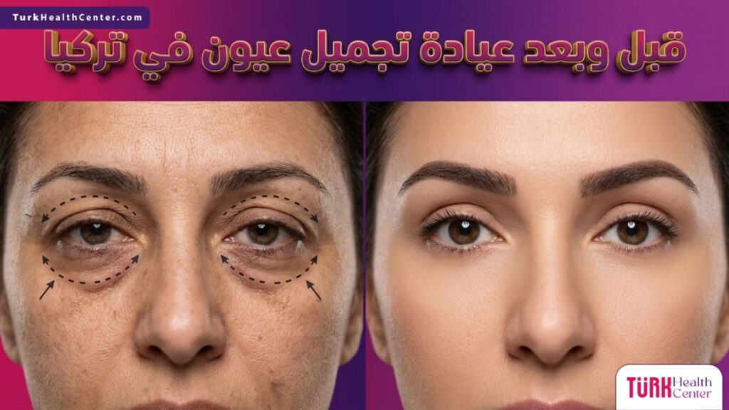 صورة مقارنة قبل وبعد تظهر نتائج شد الجفون وإزالة الهالات في أفضل عيادة تجميل عيون في تركيا.