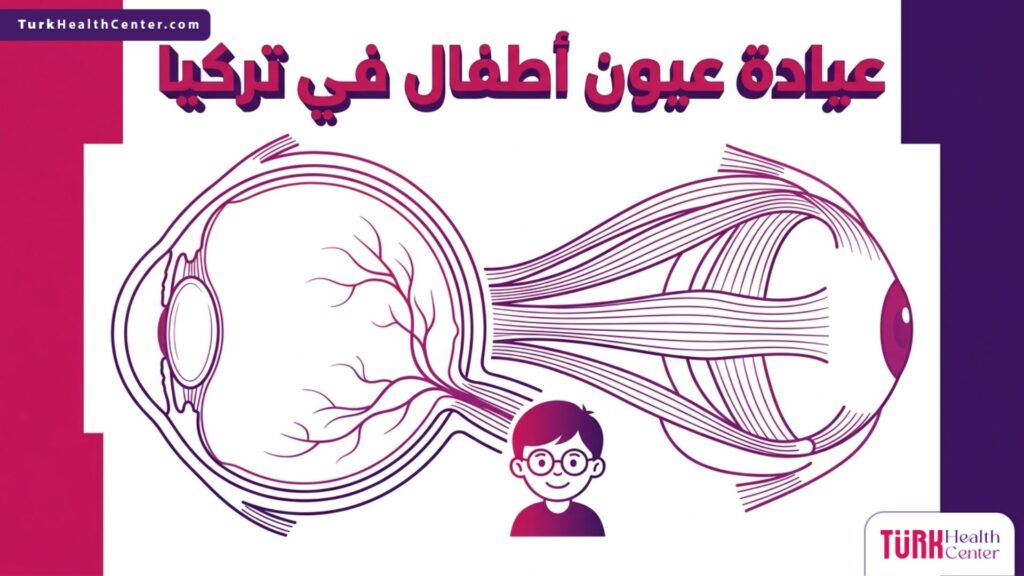إنفوجرافيك تشريحي دقيق يوضح بنية العين وخدمات عيادة عيون أطفال في تركيا