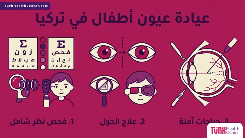 إنفوجرافيك يوضح ثلاث مراحل أساسية للعلاج والمتابعة في عيادة عيون أطفال في تركيا
