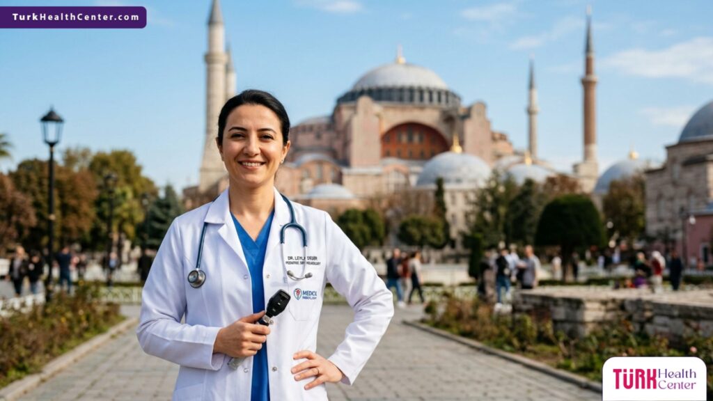 طبيب متخصص يمثل أفضل عيادة عيون أطفال في تركيا أمام معلم آيا صوفيا في إسطنبول