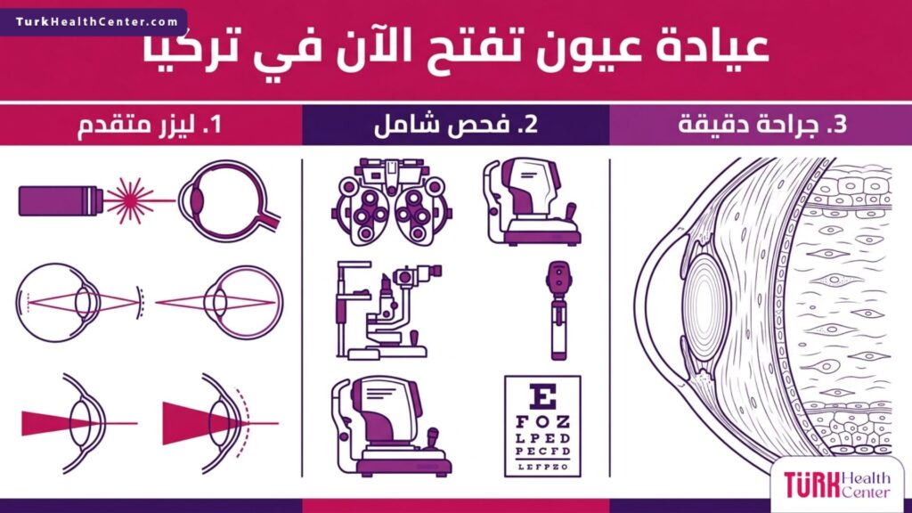 مخطط تفصيلي لخطوات العلاج والرعاية البصرية في عيادة عيون تفتح الآن في تركيا.