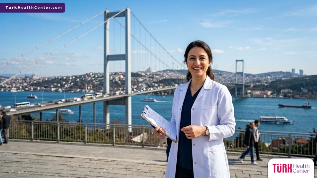 طبيب عيون خبير يقف أمام جسر البوسفور في إسطنبول، ممثلاً التميز الطبي في عيادة عيون تفتح الآن في تركيا.