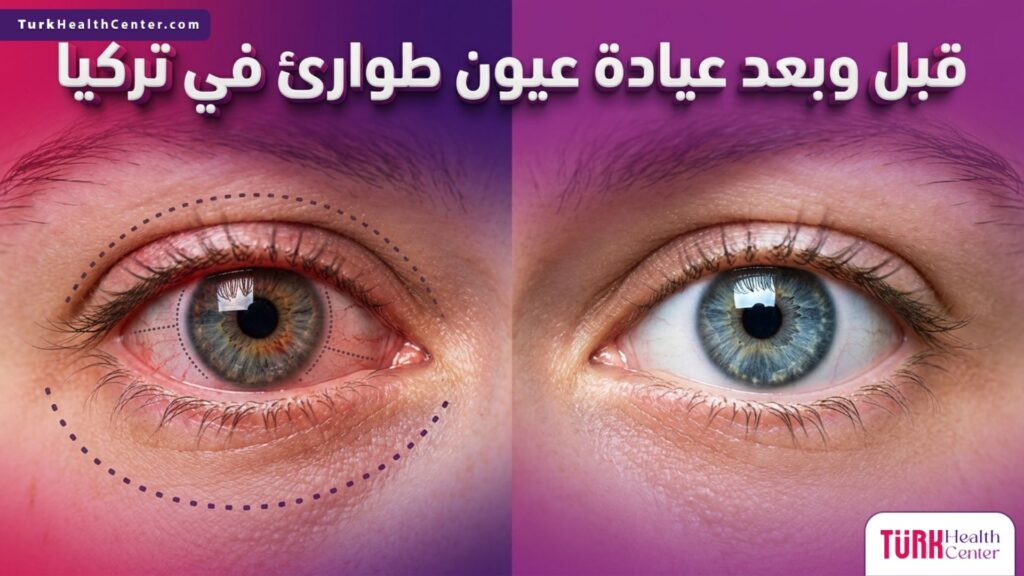 صورة قبل وبعد توضح سرعة وفعالية العلاج الطبي للحالات الحرجة داخل عيادة عيون طوارئ في تركيا.