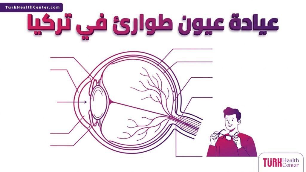 إنفوجرافيك طبي دقيق يوضح التشريح الداخلي للعين والتدخلات الطبية السريعة في عيادة عيون طوارئ في تركيا.