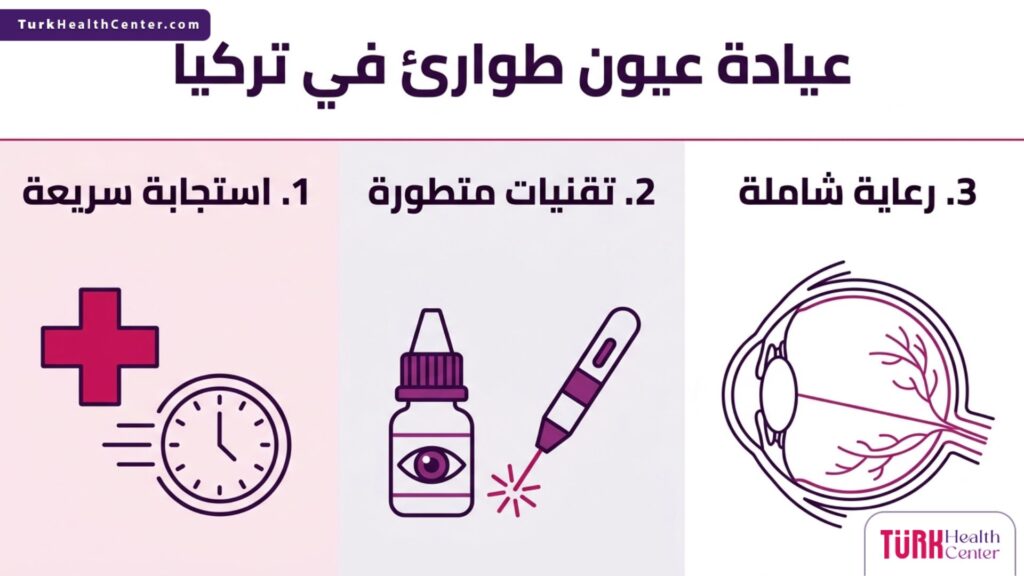 مخطط طبي يوضح خطوات الاستجابة السريعة والعلاج الفعال المتبع في أي عيادة عيون طوارئ في تركيا.