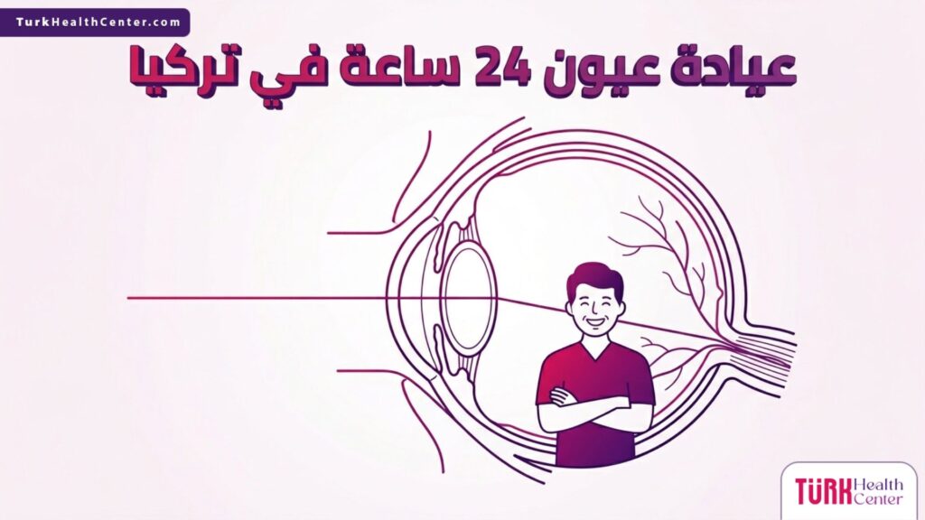إنفوجرافيك تشريحي دقيق يوضح بنية العين الداخلية والخدمات المقدمة في عيادة عيون 24 ساعة في تركيا.