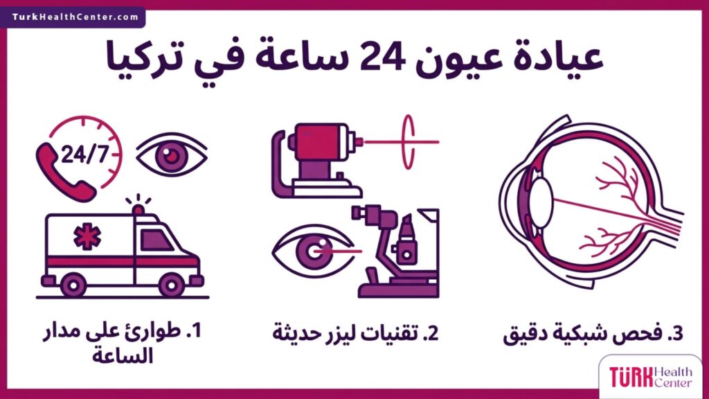 إنفوجرافيك يشرح 3 خطوات أساسية للرعاية الطبية الطارئة في عيادة عيون 24 ساعة في تركيا.