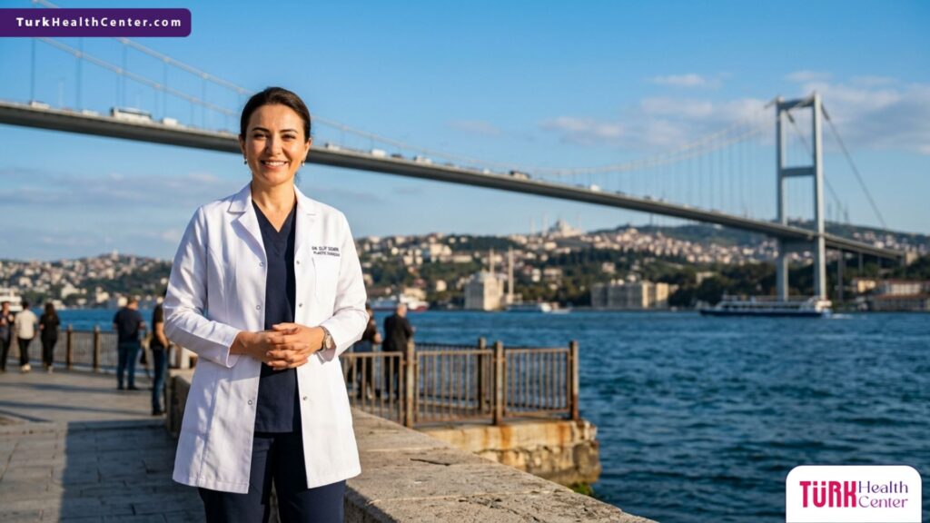 طبيب عيون خبير يقف بثقة أمام جسر البوسفور، يمثل الجودة والاحترافية في عيادة عيون 24 ساعة في تركيا.