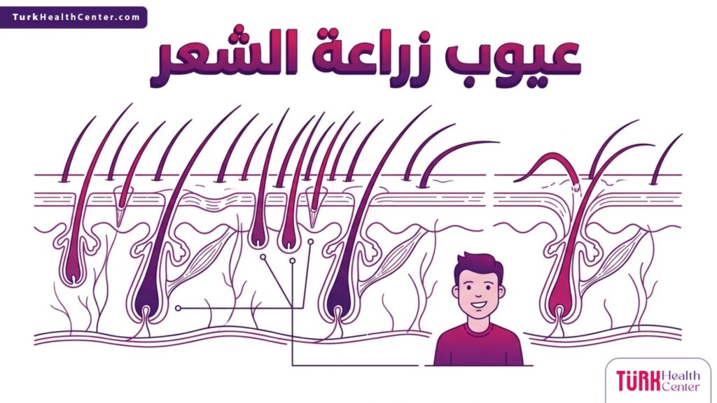 إنفوجرافيك طبي متجهي يوضح التشريح الداخلي لبصيلات الشعر وكيفية تجاوز عيوب زراعة الشعر.