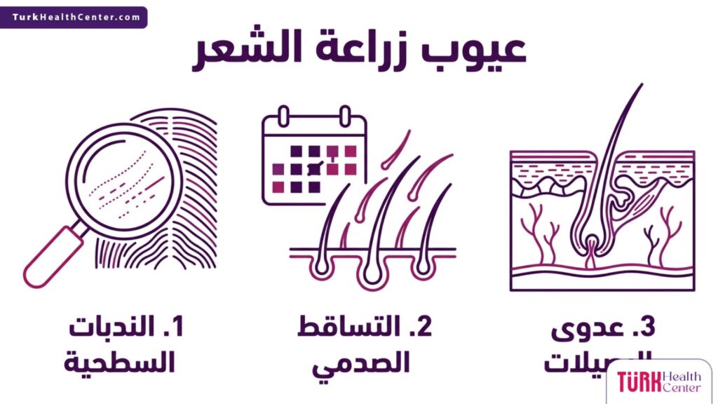 رسم بياني إنفوجرافيك يوضح أبرز عيوب زراعة الشعر مثل الندبات والتساقط الصدمي وكيفية التعامل معها علميا.
