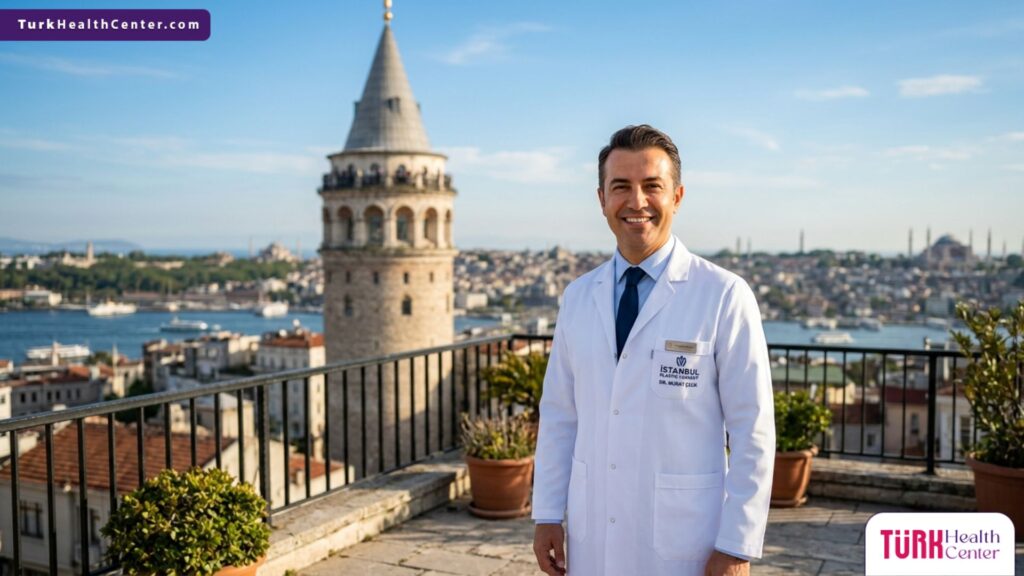 طبيب زراعة شعر خبير يقف أمام برج غلطة في إسطنبول، تركيا، لتقديم استشارات حول كيفية تجنب عيوب زراعة الشعر.