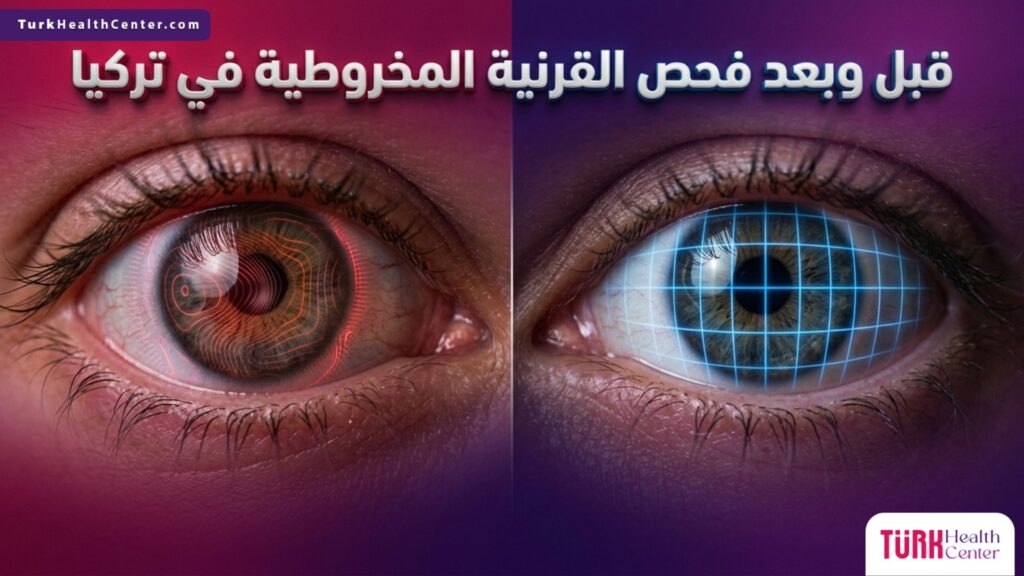 صورة مقسمة توضح الفرق المجهري قبل وبعد فحص القرنية المخروطية في تركيا وتحديد تحدب العين.