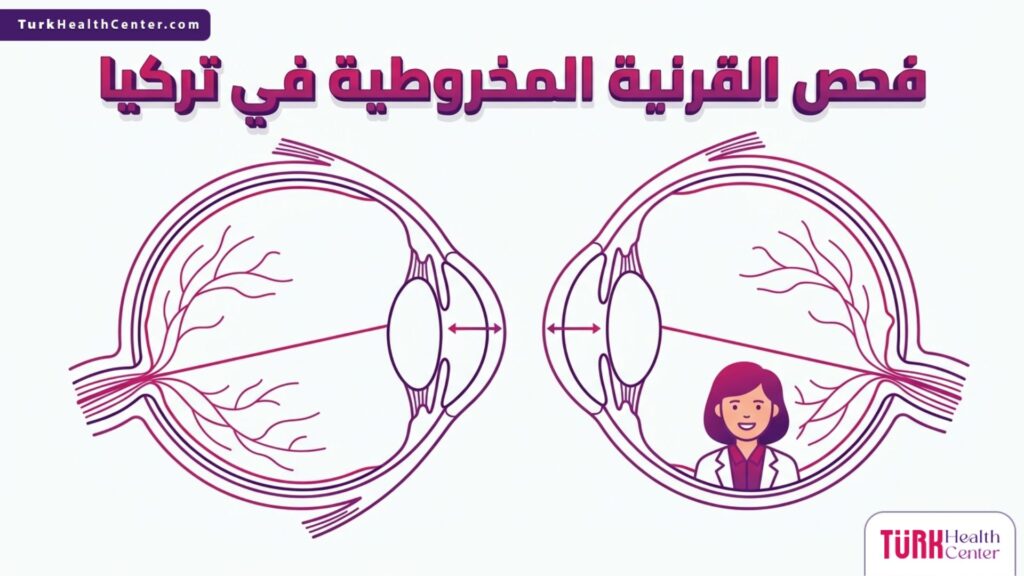 إنفوجرافيك تشريحي دقيق يستعرض طبقات العين الهيكلية وأهمية فحص القرنية المخروطية في تركيا.