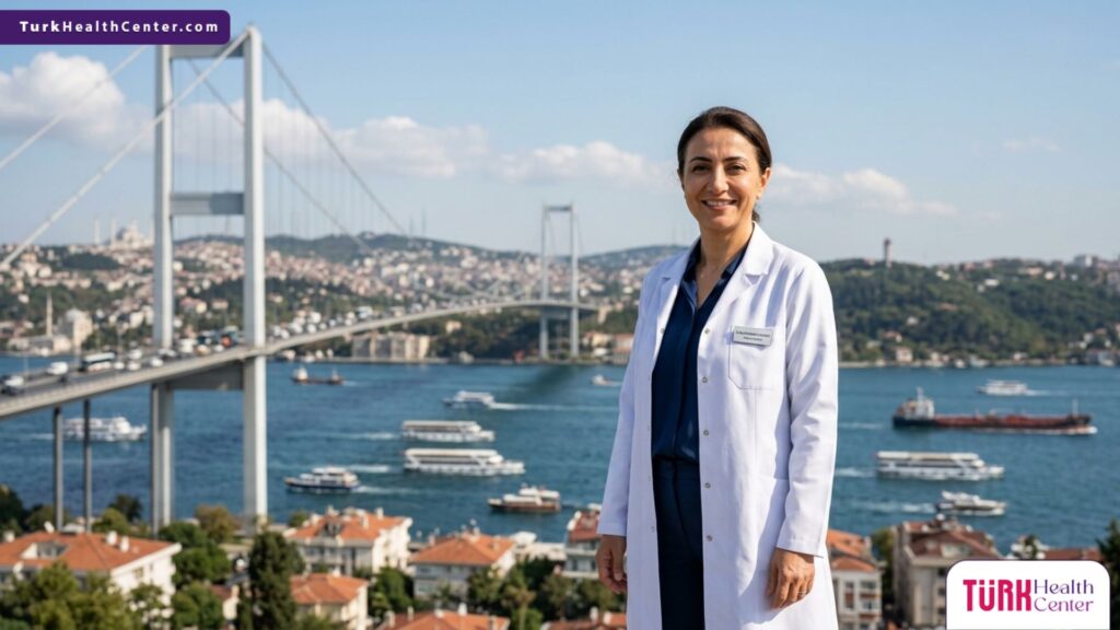 طبيب عيون خبير يقف أمام جسر البوسفور في إسطنبول، لتمثيل وجهة التميز في فحص القرنية المخروطية في تركيا.