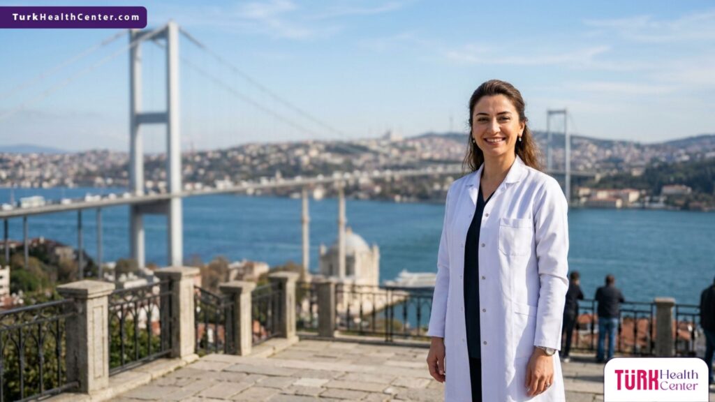 طبيب جلدية متخصص في ليزر إيروليز لحب الشباب في تركيا يقف أمام جسر البوسفور في إسطنبول.
