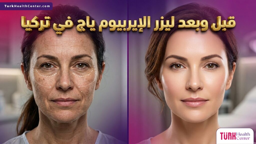 صورة مقسمة واقعية توضح حالة البشرة قبل وبعد العلاج باستخدام ليزر الإيربيوم ياج في تركيا مع خطوط تحديد طبية دقيقة.