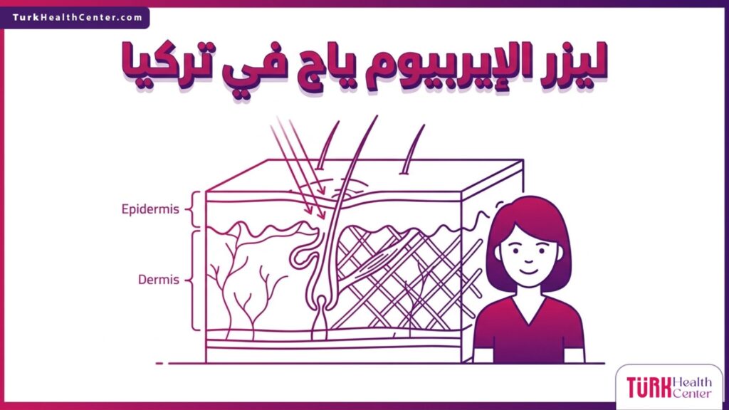 إنفوجرافيك طبي دقيق يوضح التشريح الداخلي لطبقات الجلد وكيفية عمل ليزر الإيربيوم ياج في تركيا لتجديد الخلايا.