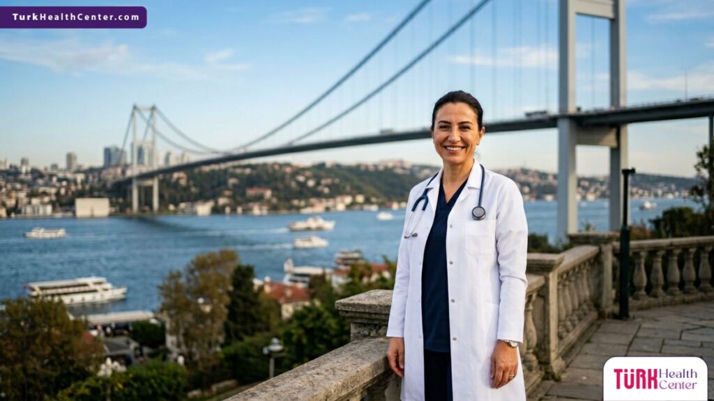 طبيب تجميل متخصص يقف بثقة أمام جسر البوسفور في إسطنبول، لتمثيل ريادة عمليات ليزر الإيربيوم ياج في تركيا.