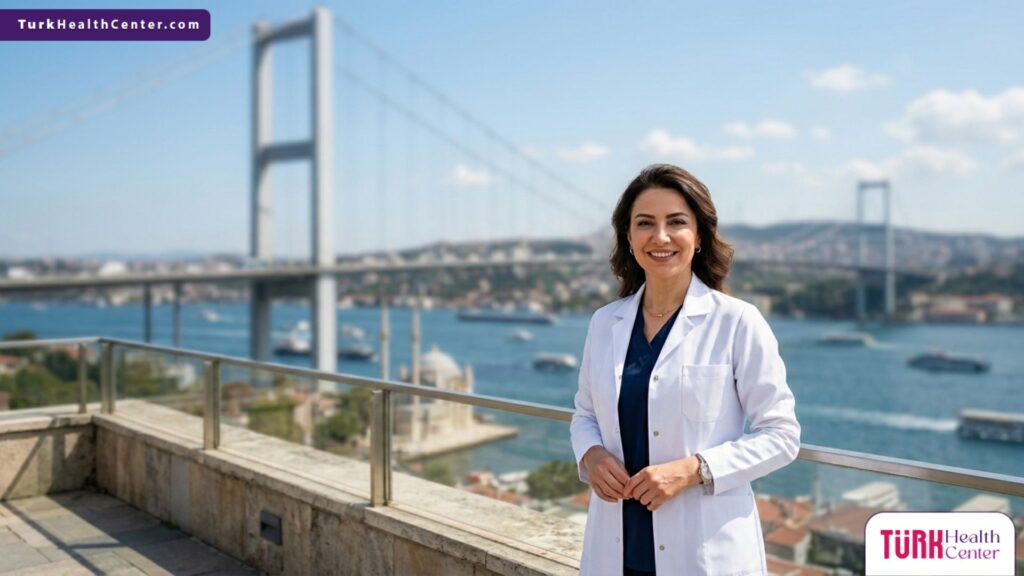 طبيب أمراض جلدية وتجميل متخصص في تقنية ليزر البيكو شور في تركيا يقف بثقة أمام جسر البوسفور في إسطنبول.