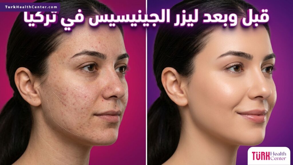مقارنة قبل وبعد لنتائج جلسات ليزر الجينيسيس في تركيا توضح تحسن ملمس البشرة واختفاء المسام الواسعة.