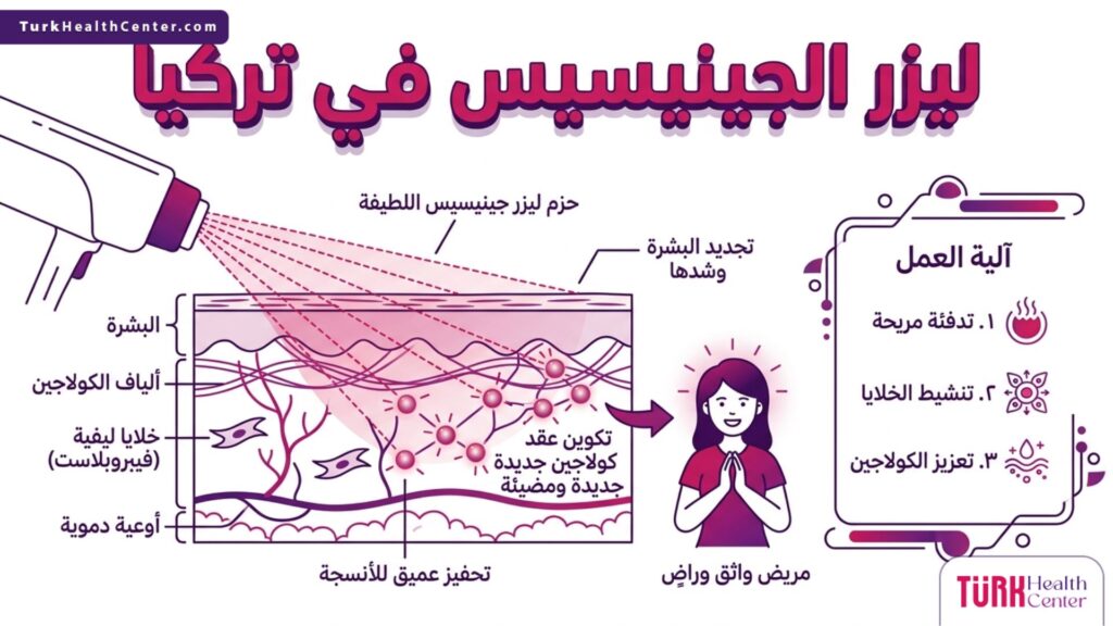 رسم تشريحي دقيق يوضح كيفية اختراق أشعة ليزر الجينيسيس في تركيا لطبقات الجلد لتحفيز الكولاجين وتجديد الخلايا.