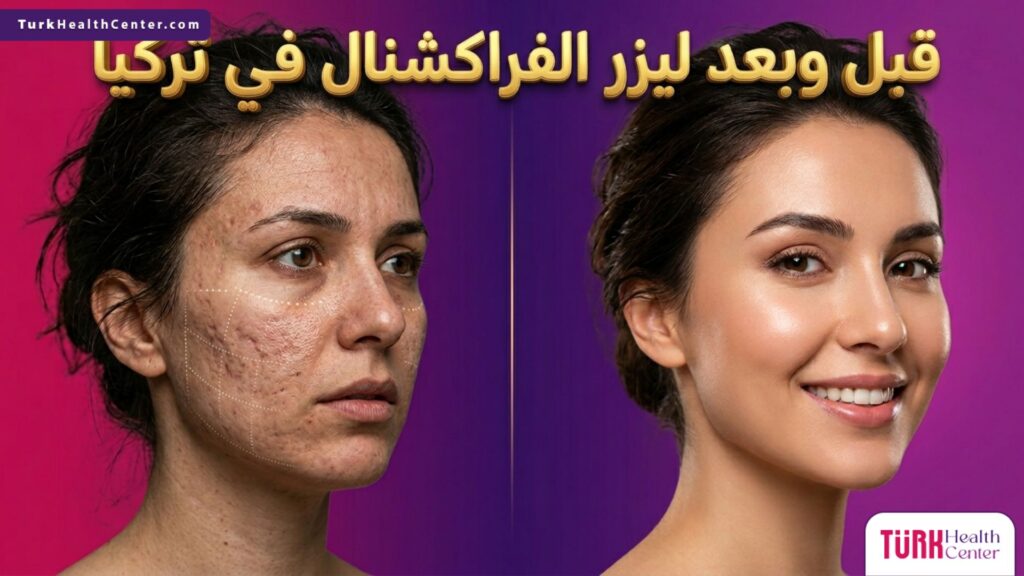 صورة مقسمة تظهر نتائج قبل وبعد ليزر الفراكشنال في تركيا لعلاج ندبات الوجه وتجديد نضارة البشرة.