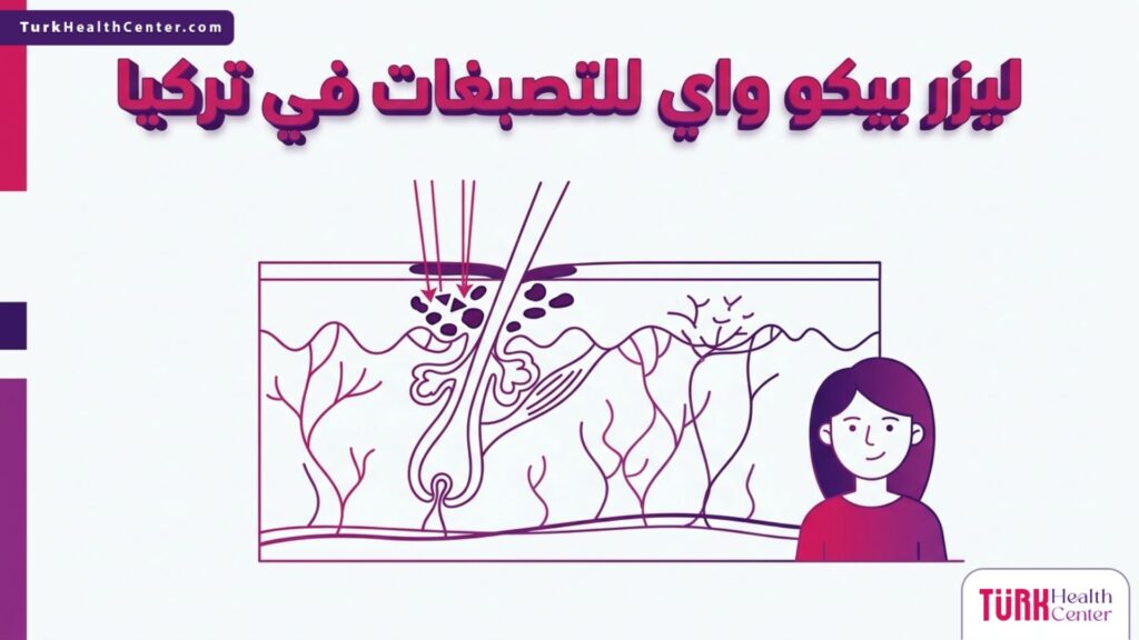 إنفوجرافيك طبي دقيق يوضح الطبقات التشريحية للجلد وكيفية عمل ليزر بيكو واي للتصبغات في تركيا على تفتيت الميلانين العنيف.