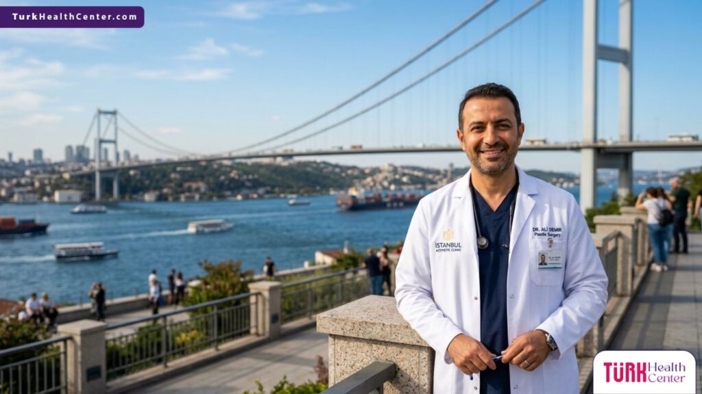 طبيب أمراض جلدية محترف يقف بثقة أمام جسر البوسفور في اسطنبول، ليمثل وجهة العلاج الموثوقة لتقنية ليزر بيكو واي للتصبغات في تركيا.