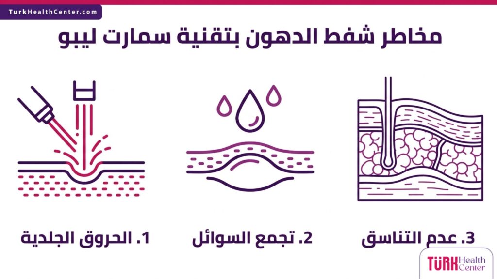 مخطط تعليمي طبي يبرز أهم ثلاثة عوامل مرتبطة بموضوع مخاطر شفط الدهون بتقنية سمارت ليبو.