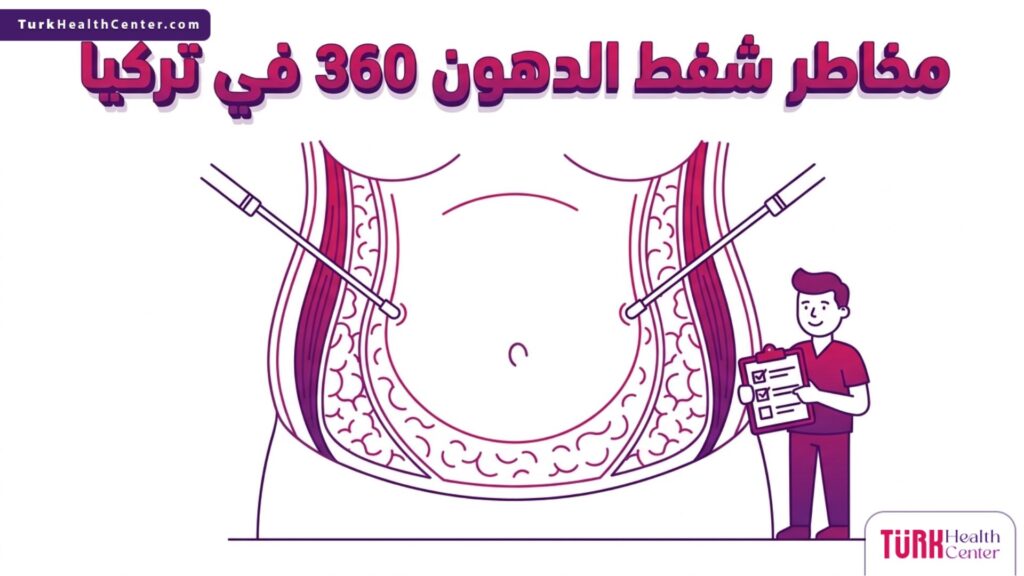 إنفوجرافيك تشريحي يوضح طبقات الدهون تحت الجلد والمناطق الآمنة لإجراء العملية لتفادي مخاطر شفط الدهون 360 في تركيا.