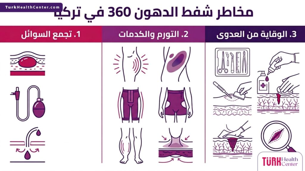 تصميم إنفوجرافيك طبي يوضح أهم ثلاثة عوامل للوقاية من مخاطر شفط الدهون 360 في تركيا وطرق إدارتها.