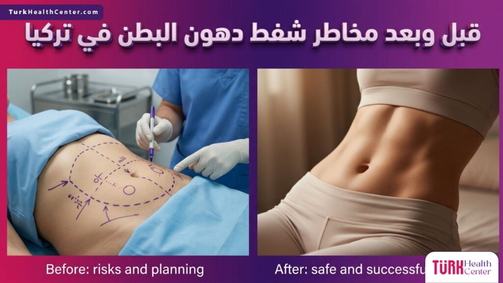 مقارنة قبل وبعد لتوضيح التعافي من مخاطر شفط دهون البطن في تركيا بشكل آمن