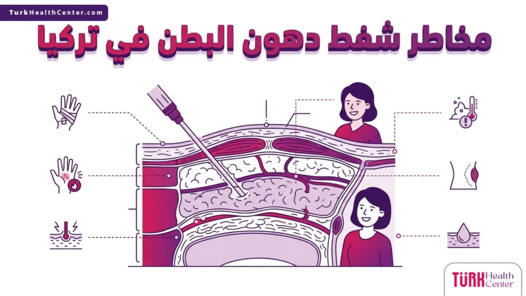 رسم توضيحي تشريحي يشرح طبقات الدهون وكيفية تفادي مخاطر شفط دهون البطن في تركيا