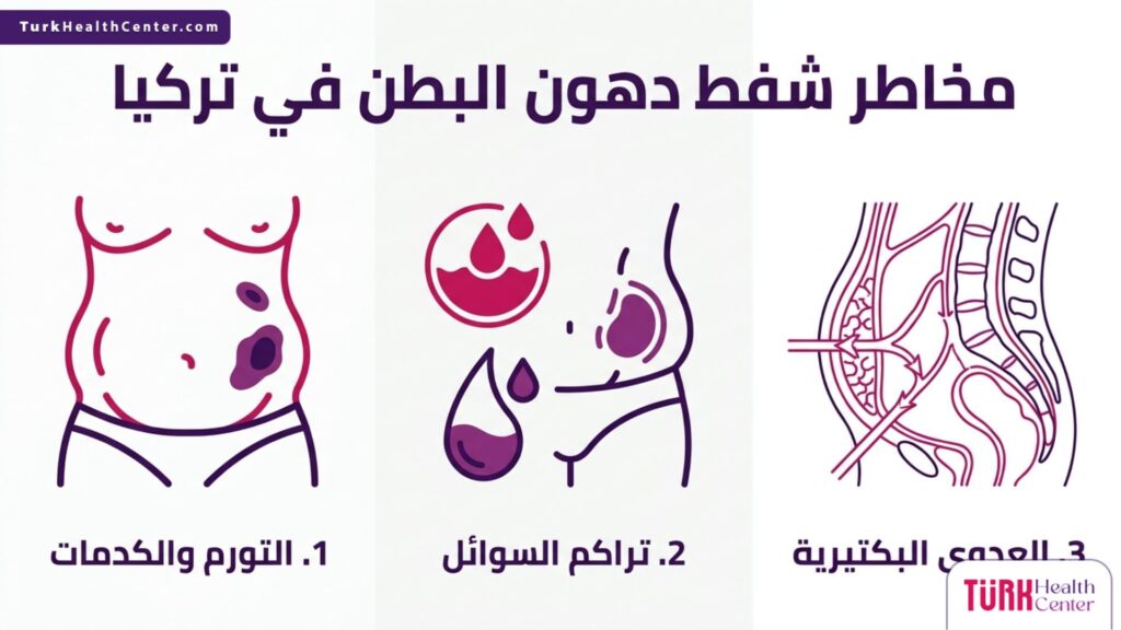 إنفوجرافيك طبي يوضح بالتفصيل مخاطر شفط دهون البطن في تركيا وكيفية إدارتها