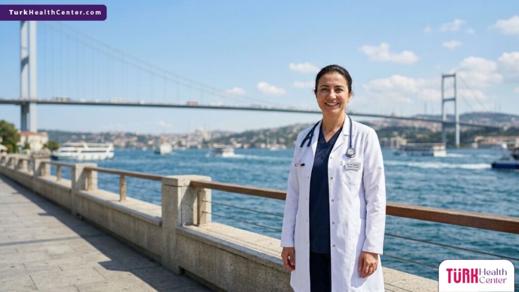 طبيب جراحة تجميلية أمام جسر البوسفور كرمز للثقة والأمان لتجنب مخاطر شفط دهون البطن في تركيا