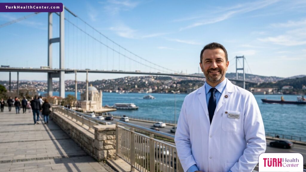 طبيب تجميل متخصص يقف بثقة أمام جسر البوسفور، ليمثل الخبرة الطبية وراء ميزات شفط الدهون 360 في تركيا.