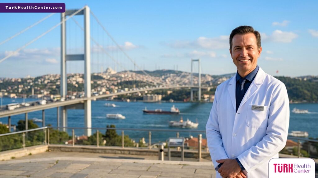 طبيب تجميل متخصص يقف أمام جسر البوسفور، لتمثيل جودة السياحة العلاجية و ميزات شفط دهون الأفخاذ في تركيا.