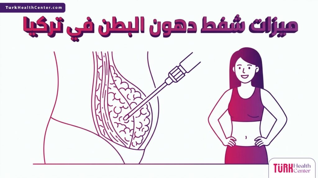 إنفوجرافيك طبي دقيق يشرح ميزات شفط دهون البطن في تركيا مع رسم تخطيطي لطبقات الدهون تحت الجلد في منطقة البطن.