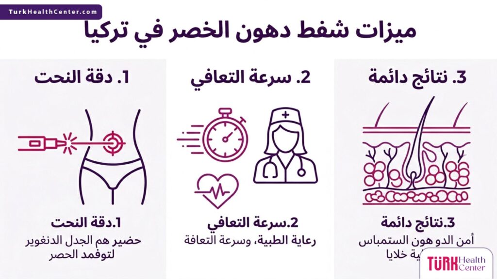 مخطط إنفوجرافيك تعليمي يستعرض أهم 3 ميزات شفط دهون الخصر في تركيا وهي دقة النحت، سرعة التعافي، والنتائج الدائمة.