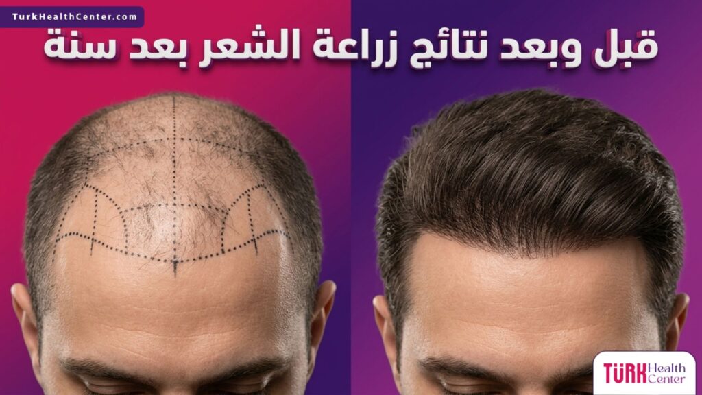 صورة واقعية تقارن بين حالة الصلع و نتائج زراعة الشعر بعد سنة.